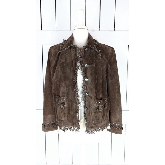 Vintage 90s brown suede leather beaded fringe country western boho jacket - Picture 3 of 8